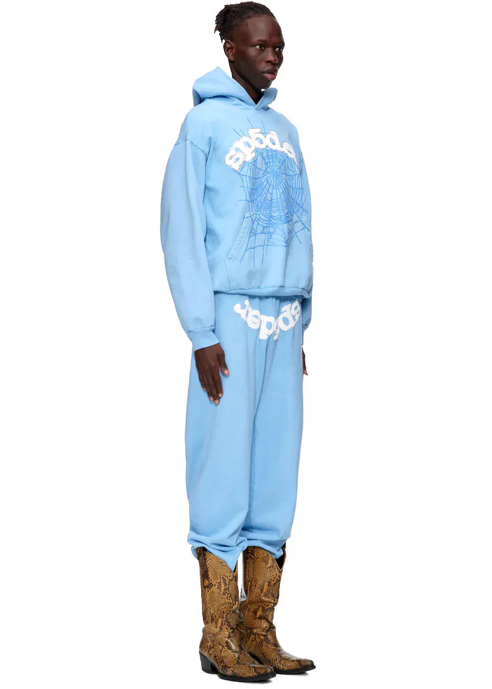 Sp5der Hoodie – Sky Blue 440GSM Heavyweight Chenille Logo Spider-Web Streetwear Pullover