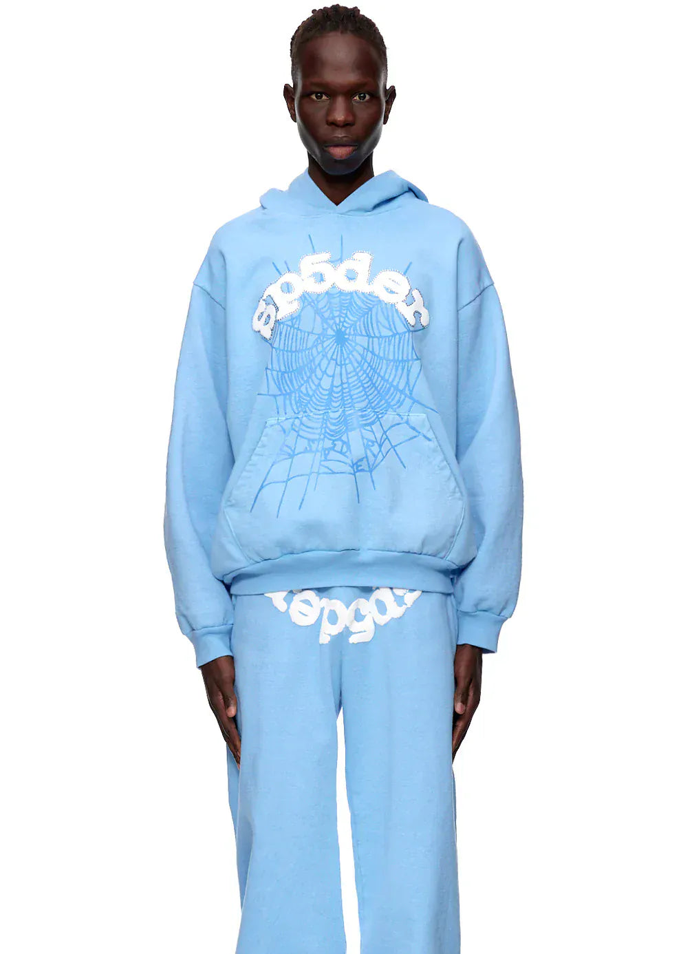 Sp5der Hoodie – Sky Blue 440GSM Heavyweight Chenille Logo Spider-Web Streetwear Pullover