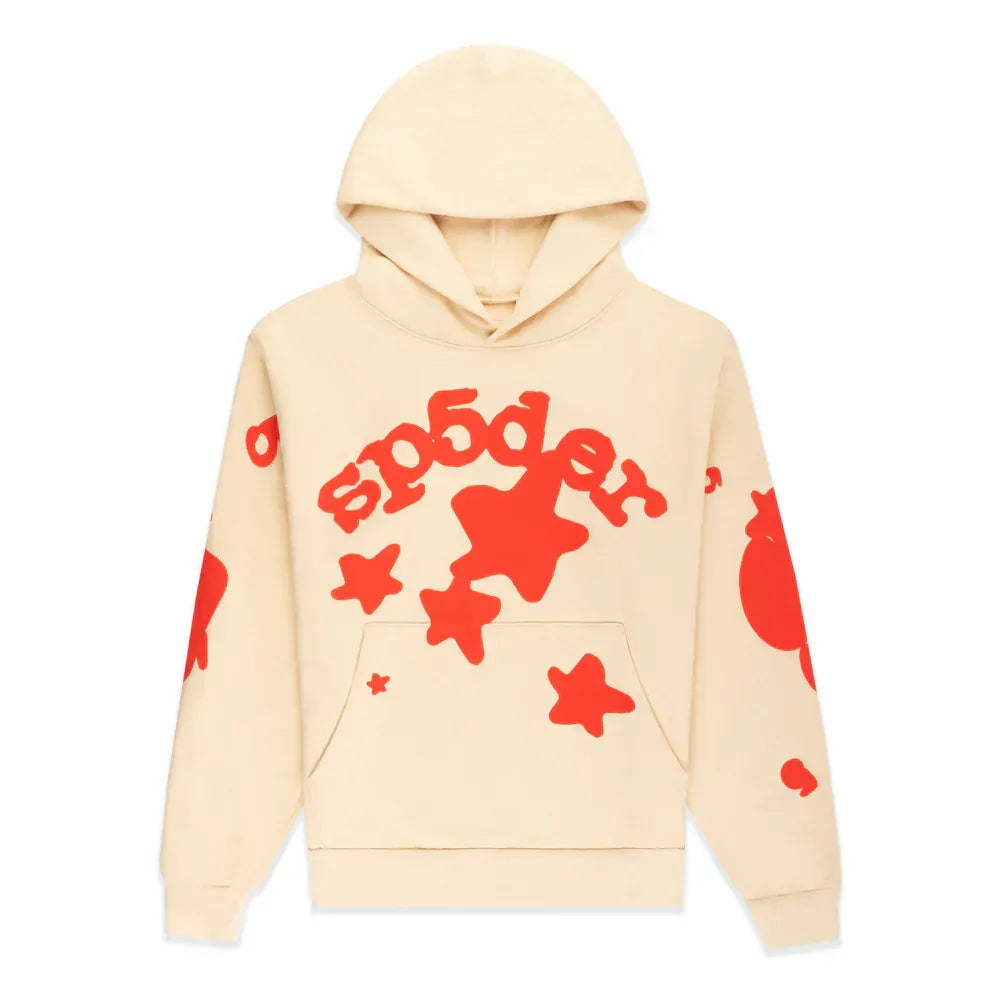 Sp5der 440GSM Heavyweight Star Hoodie – Cream with Red Puff Print Oversized Streetwear Pullover