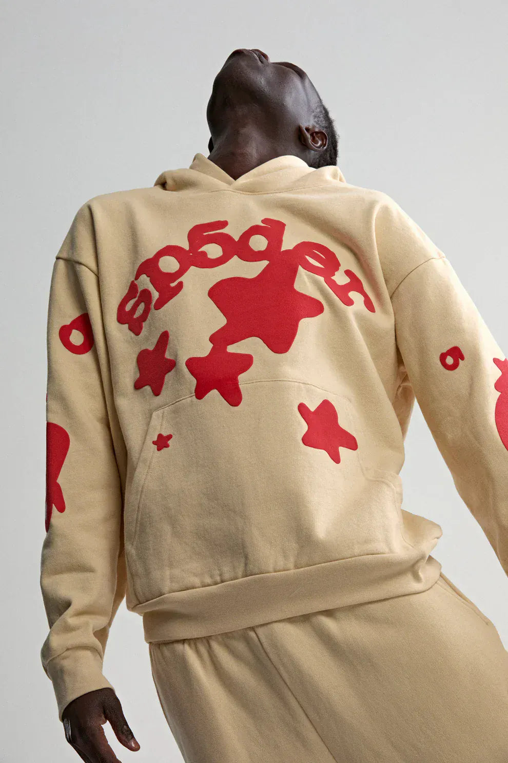 Sp5der 440GSM Heavyweight Star Hoodie – Cream with Red Puff Print Oversized Streetwear Pullover