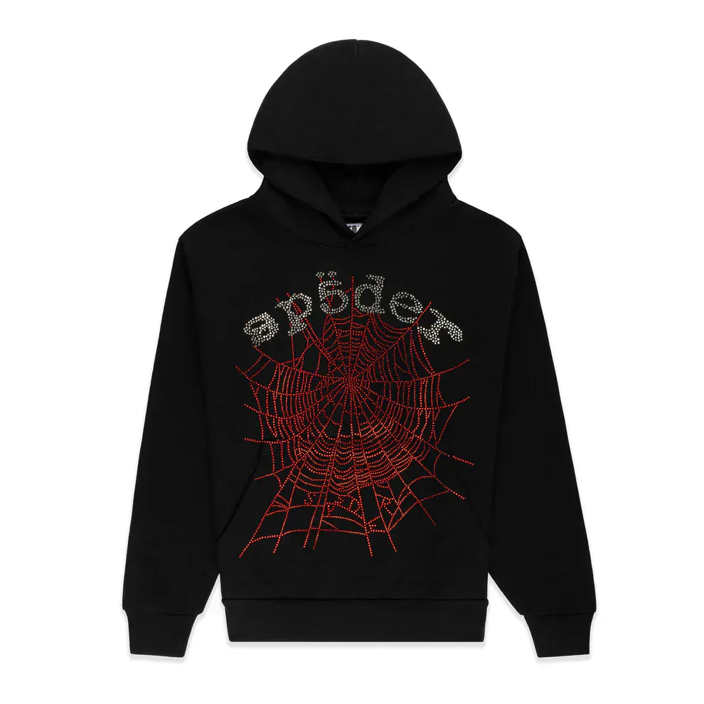 Sp5der Rhinestone Web Hoodie – Black 440GSM Heavyweight Oversized Streetwear Pullover