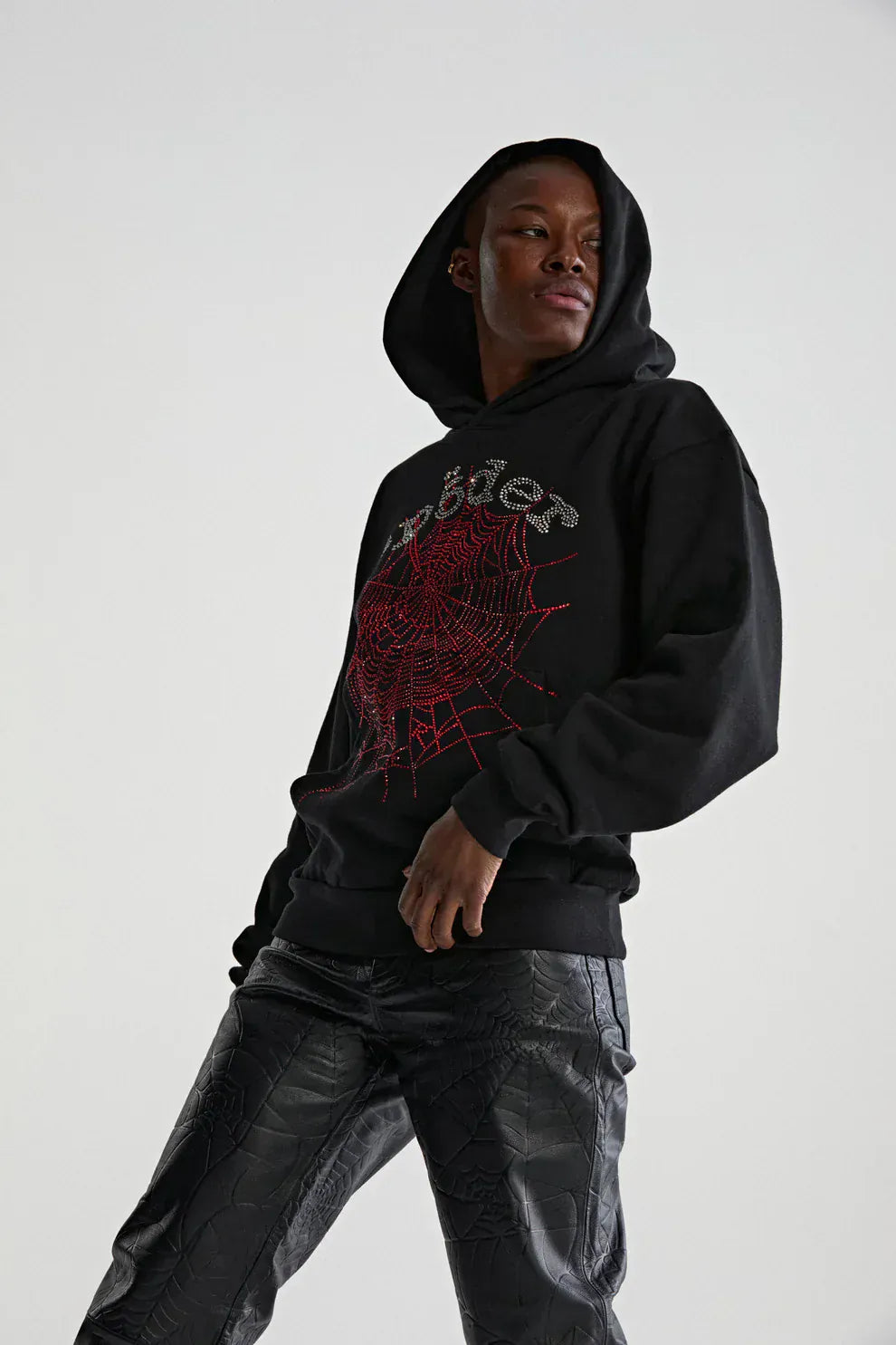 Sp5der Rhinestone Web Hoodie – Black 440GSM Heavyweight Oversized Streetwear Pullover