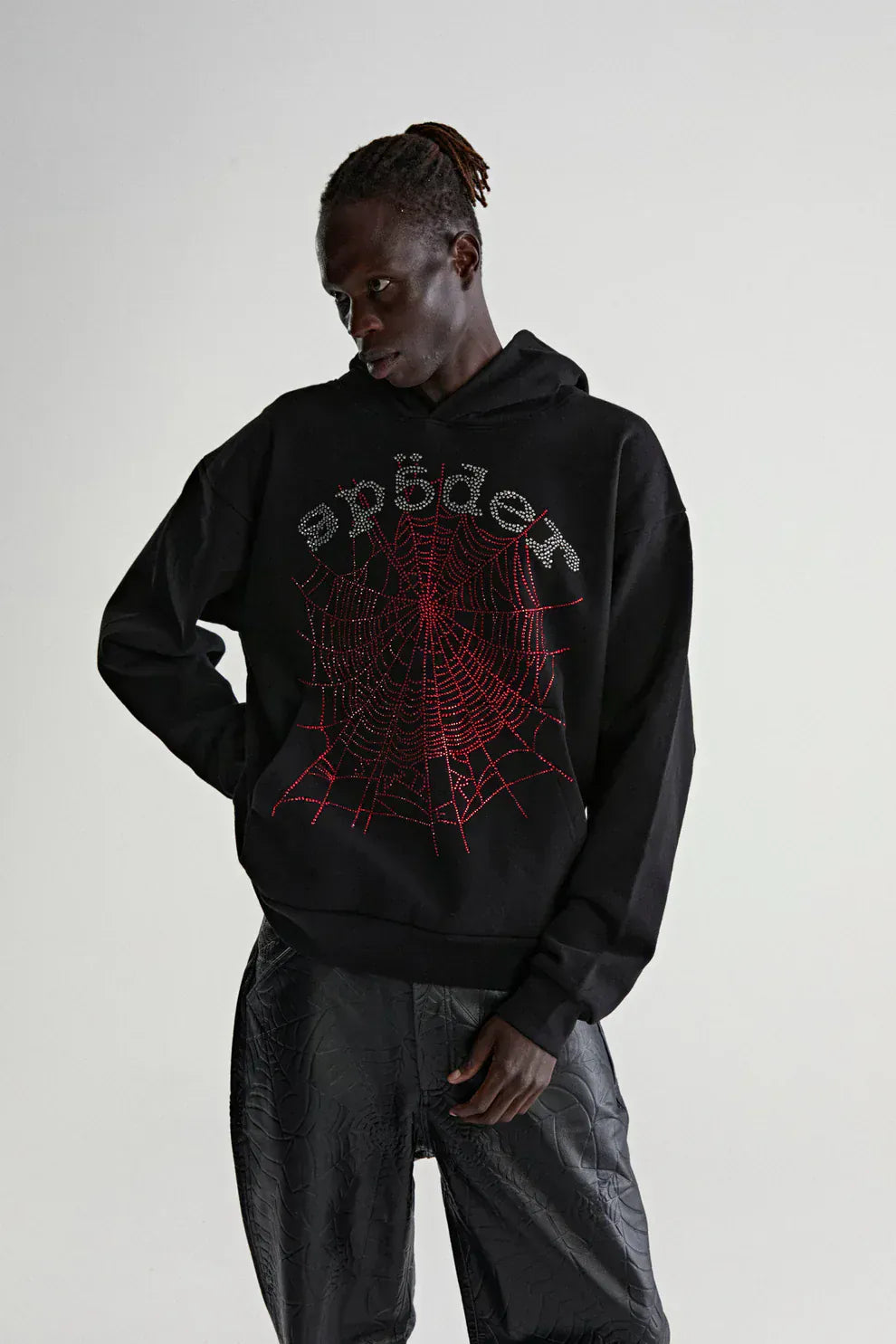 Sp5der Rhinestone Web Hoodie – Black 440GSM Heavyweight Oversized Streetwear Pullover