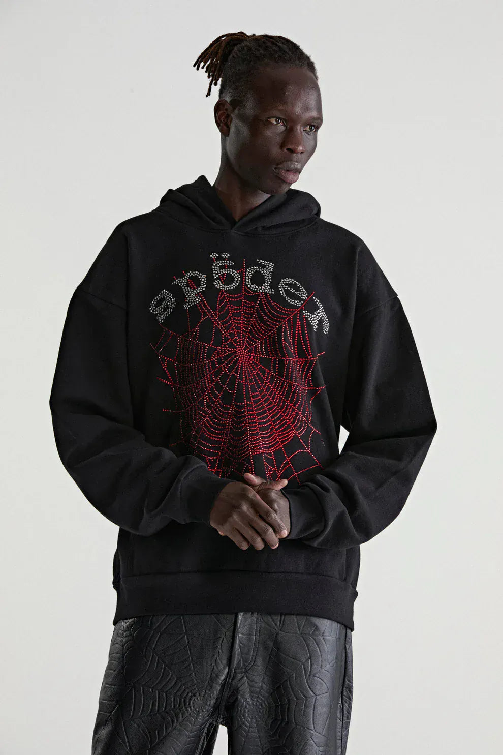 Sp5der Rhinestone Web Hoodie – Black 440GSM Heavyweight Oversized Streetwear Pullover