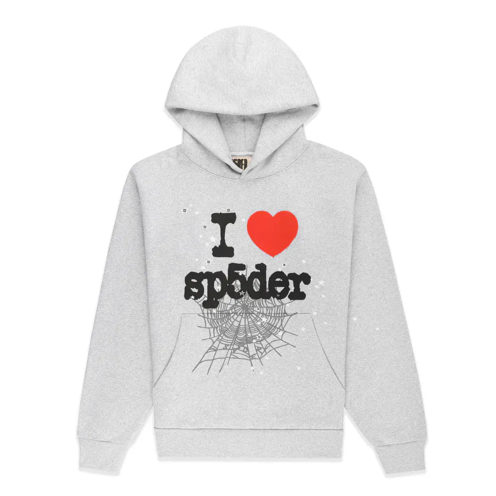 Sp5der “I Love Sp5der” Hoodie – Grey 440GSM Heavyweight Oversized Streetwear Pullover