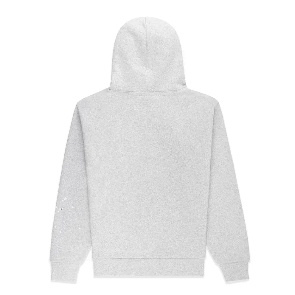 The Sp5der “I Love Sp5der” Hoodie in grey is a heavyweight 440GSM oversized streetwear pullover, shown from the back with long sleeves and a plain design, made from premium cotton fleece with no visible logos.