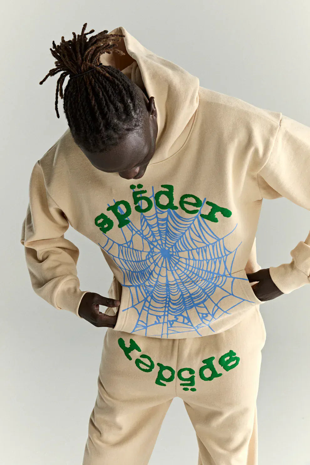Sp5der “Sky Web” Hoodie – Cream / Blue / Green 440GSM Oversized Streetwear Pullover