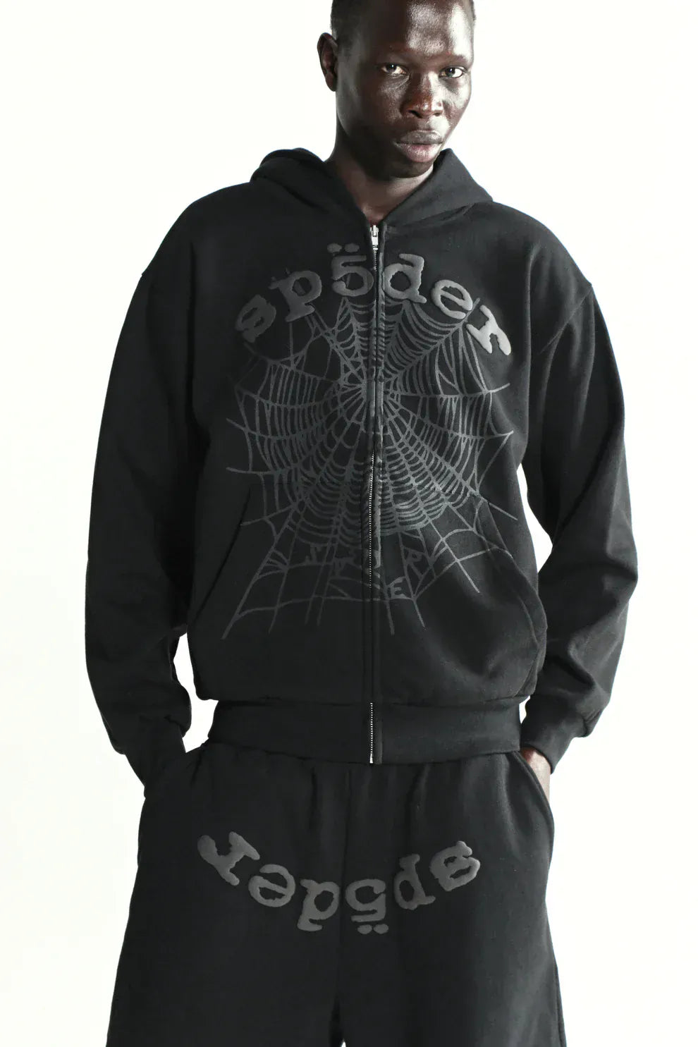 Sp5der Tonal Web Zip Hoodie – Black 440GSM Heavyweight Streetwear