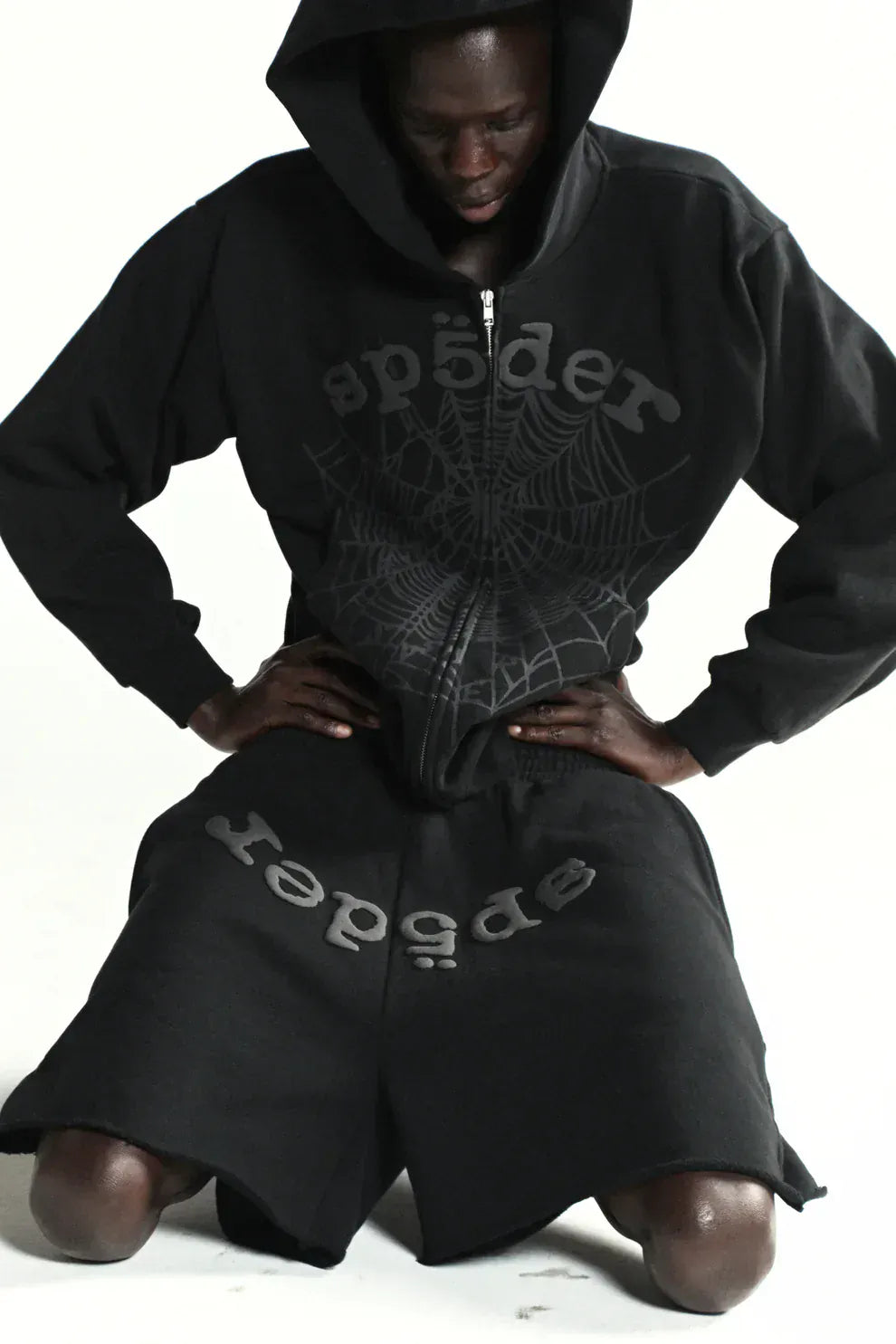 Sp5der Tonal Web Zip Hoodie – Black 440GSM Heavyweight Streetwear