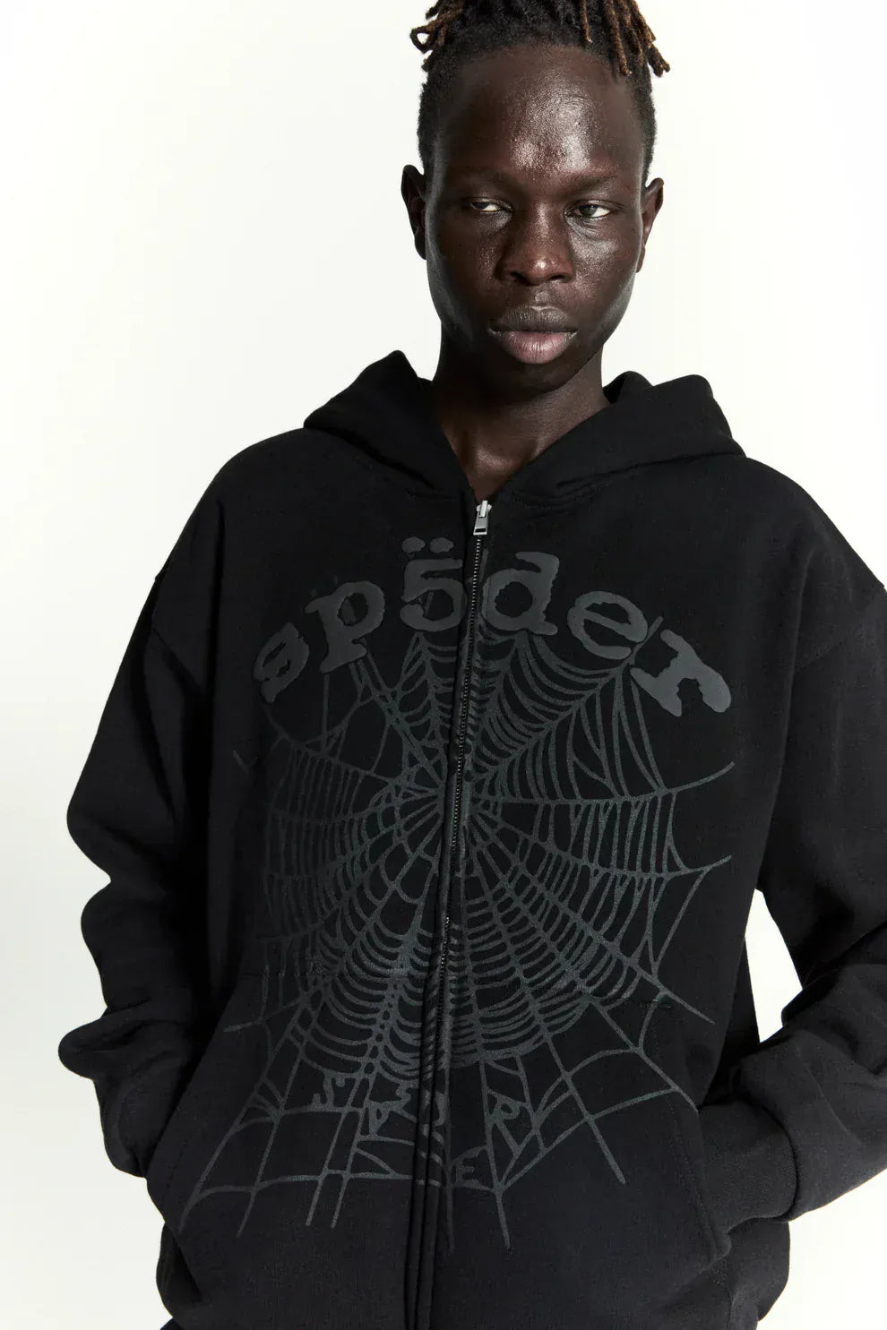 Sp5der Tonal Web Zip Hoodie – Black 440GSM Heavyweight Streetwear