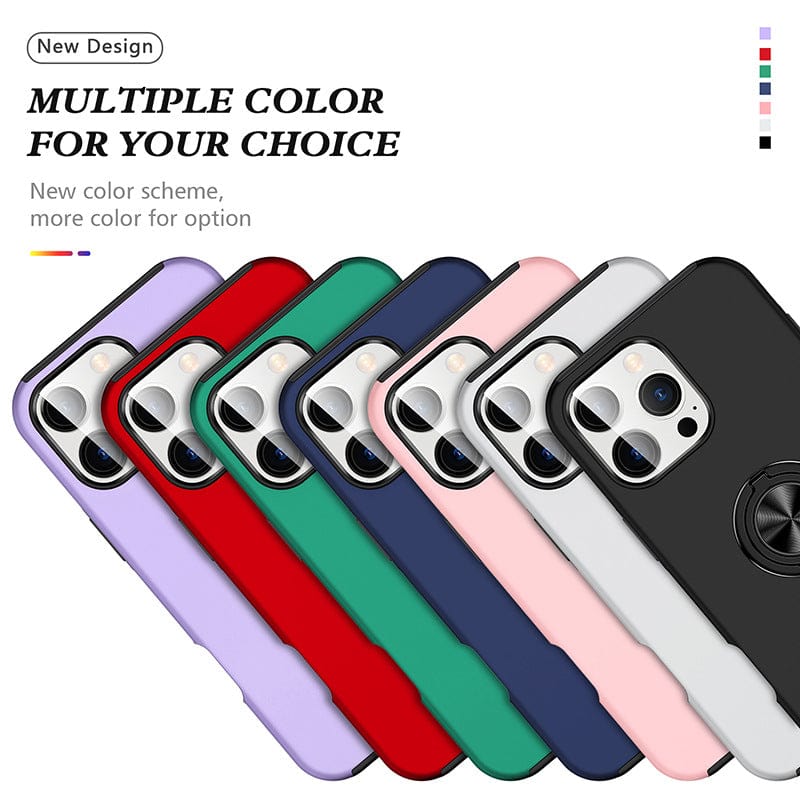Seven protective cases for the iPhone 16 Pro Max, available in purple, green, red, navy blue, pink, white, and black. Text reads "New Design: Multiple Colors for Your Choice." Featuring Shockproof Dual-Layer Protection and a Full Camera Protection with a 360° Rotating Ring Stand. Product name: iPhone 16 Pro Max Case with 360° Rotating Ring Stand | Shockproof | Full Camera Protection.