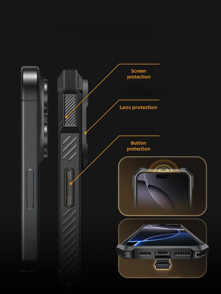 Side and front views of an iPhone 16 Pro Max Armor Case showcasing screen protection, lens protection, and button protection features, along with Military-Grade Drop Protection. The case includes an Exclusive Camera Control Button and N52+ Strong Magnetic Adsorption.