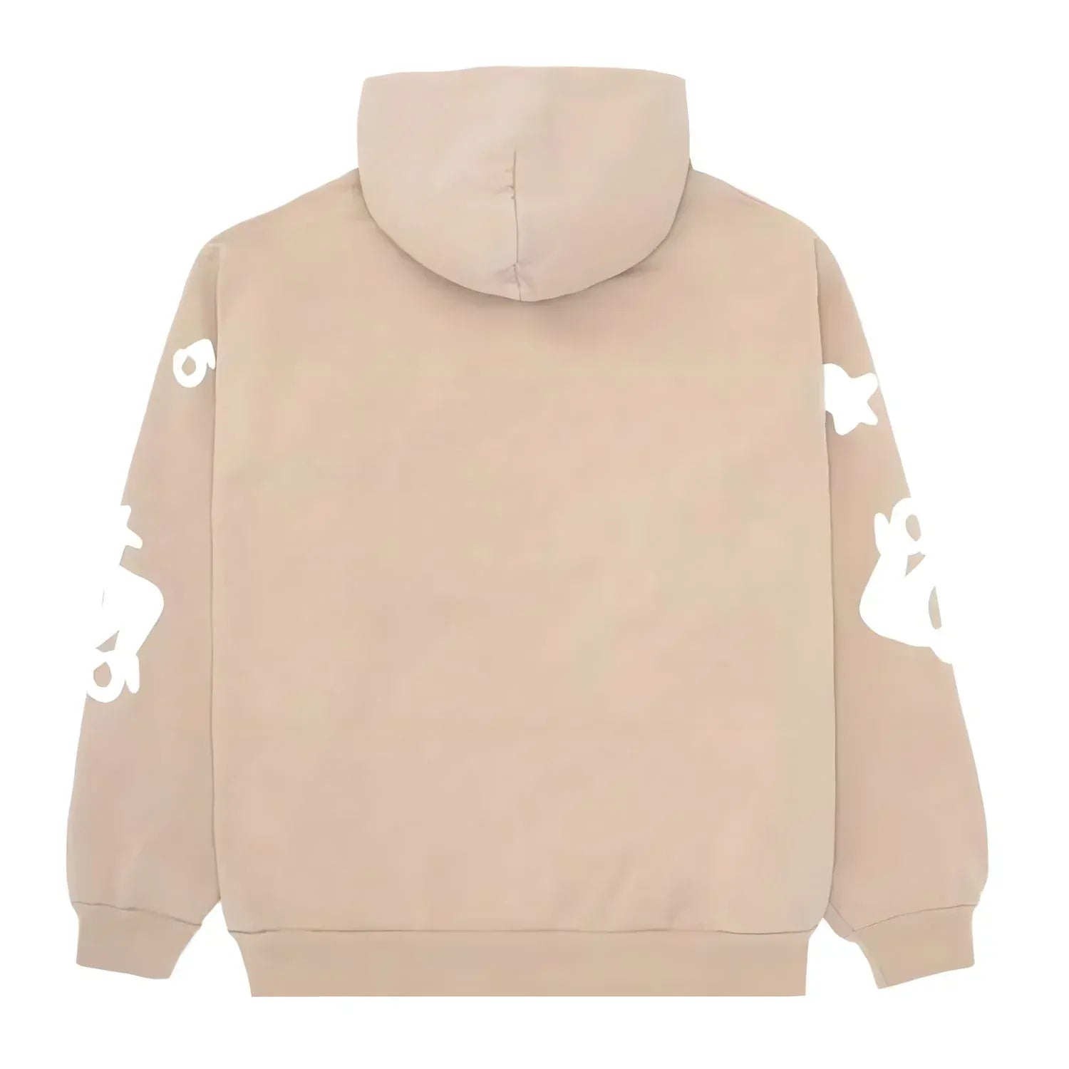 The Sp5der Star Hoodie – Brown & White is a 440GSM heavyweight oversized streetwear pullover, shown from the back with white abstract sleeve designs for a bold urban look.