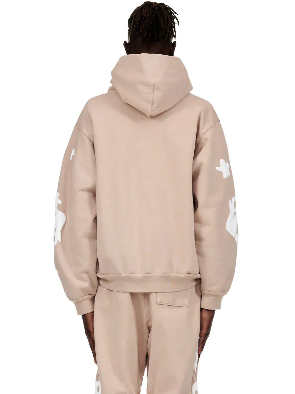 Model showcases the Sp5der Star Hoodie – Brown & White, a 440GSM heavyweight oversized streetwear pullover with graphic prints, viewed from the back and paired with matching pants for comfort and style.