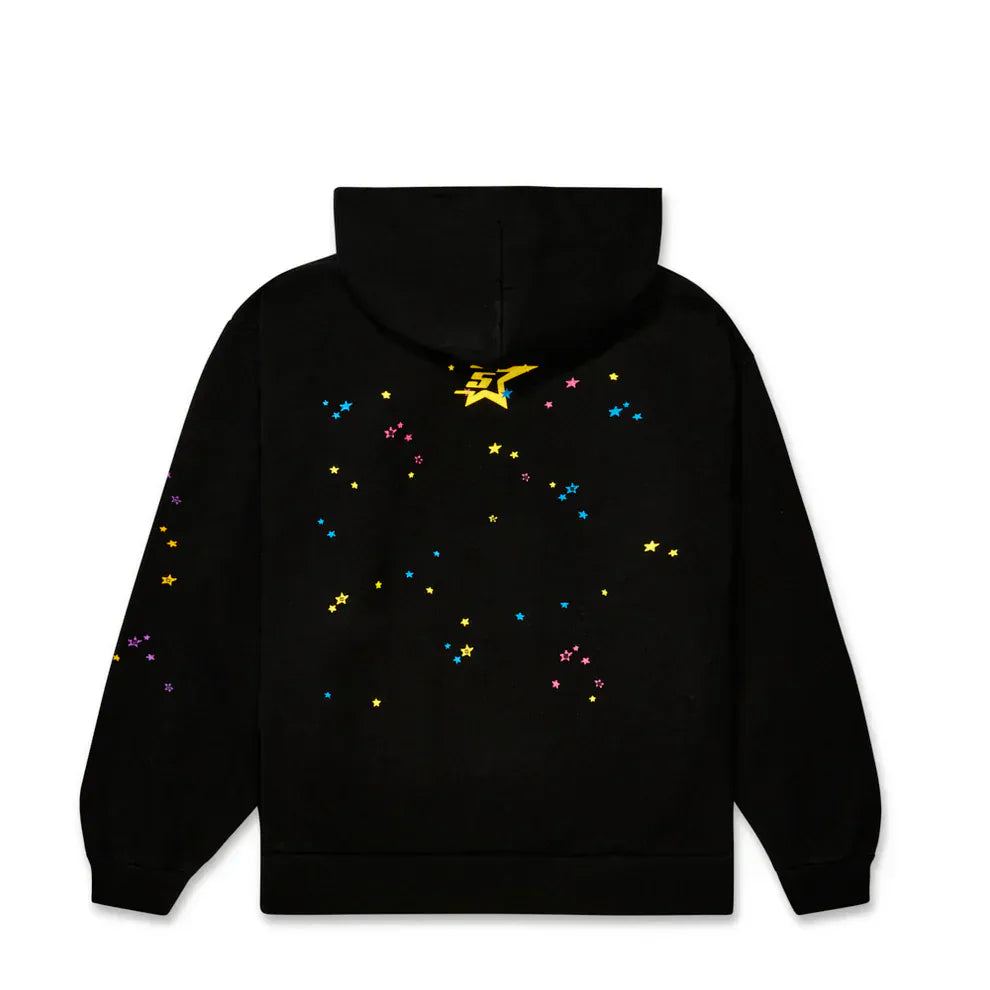 The Sp5der “Hares the Slime” Hoodie is a black 440GSM heavyweight cotton fleece streetwear pullover with a hood, featuring scattered yellow, blue, and pink star prints on the back and sleeves.