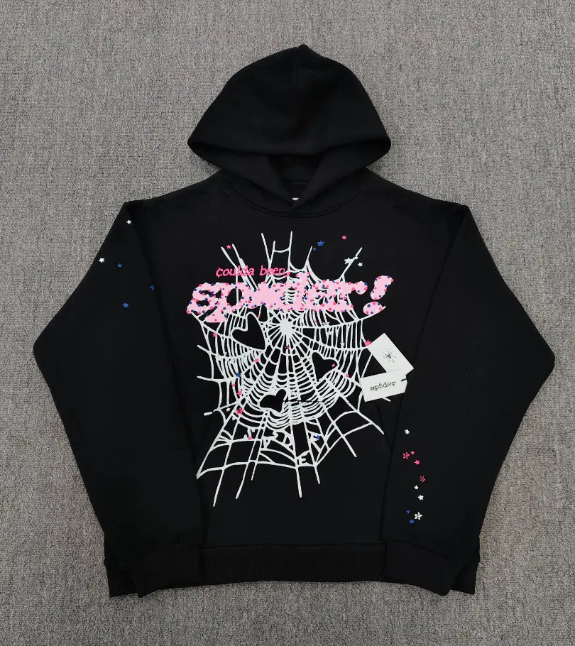Sp5der black pullover hoodie with white spiderweb graphic and pink logo print on chest