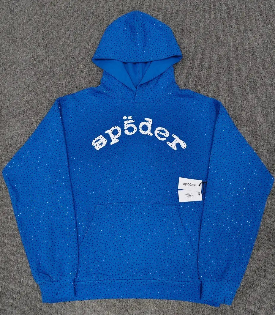 Sp5der blue pullover hoodie with all-over rhinestone detailing and white arch logo on the chest