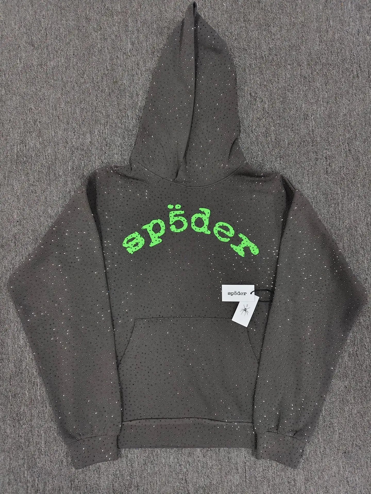 Sp5der dark grey pullover hoodie with all-over rhinestone detailing and neon green arch logo on chest