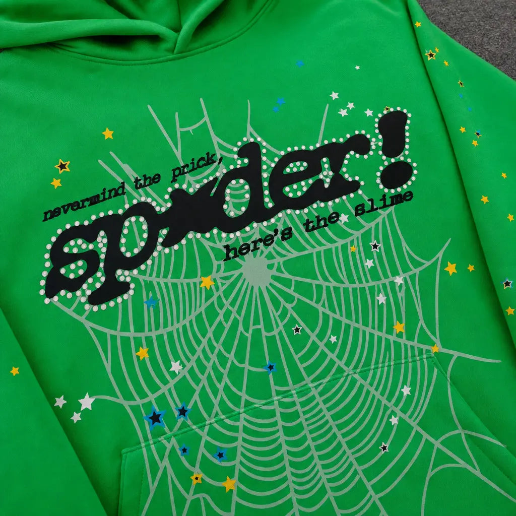 The Sp5der Neon Green Spiderweb Graphic Pullover Hoodie features a white spiderweb design, colorful stars, and bold black "nevermind the pricks, spider! here’s the slime" text―a standout piece for streetwear enthusiasts.