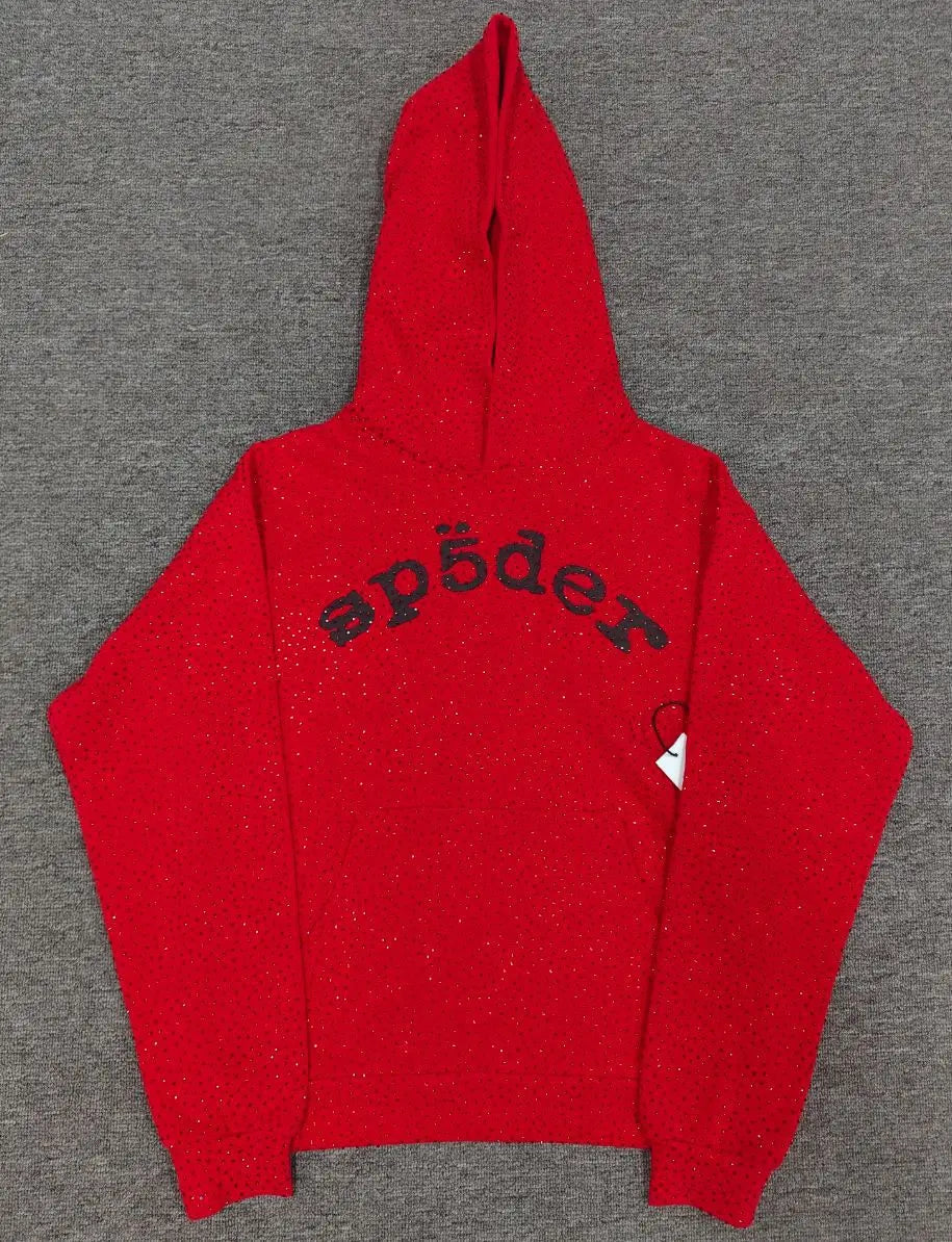 Sp5der red glitter knit pullover hoodie with black arch logo on chest