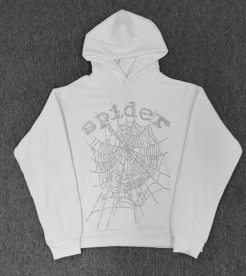 White Sp5der rhinestone hoodie with crystal spiderweb and logo graphic on chest