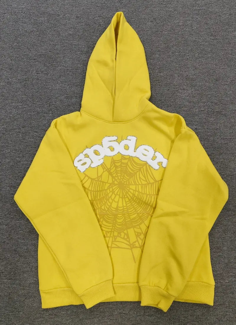Yellow Sp5der pullover hoodie with large spiderweb graphic and puff logo print on the back