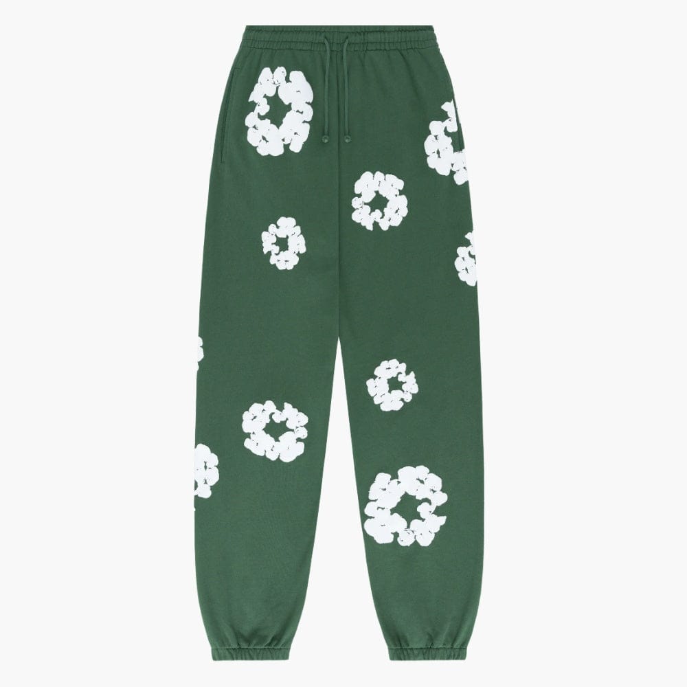 Forest Green “Cotton Wreath” Denim Tears Sweatpants – White Floral Print Streetwear Pants