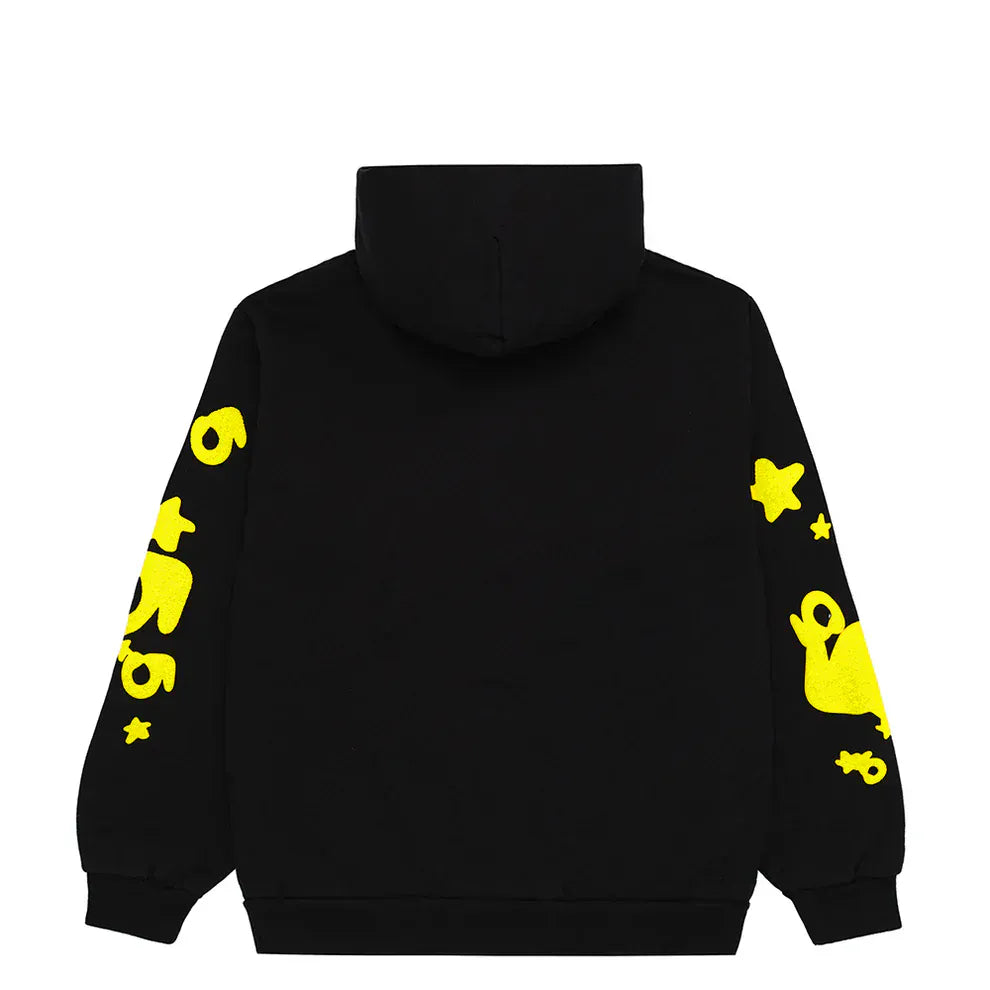 The Black and Yellow Spider Hoodie with Star Lettering Print is a comfort fit pullover featuring bold yellow abstract designs and stars—a standout choice for modern streetwear and everyday wear.