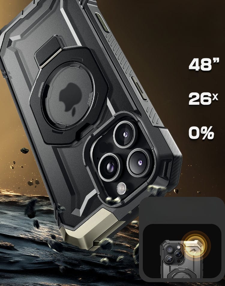 The iPhone 16 Pro Max Armor Case with Military-Grade Drop Protection, featuring an exclusive camera control button, circular ring holder, and triple camera setup, is shown alongside specifications of 48", 26x, and 0%.