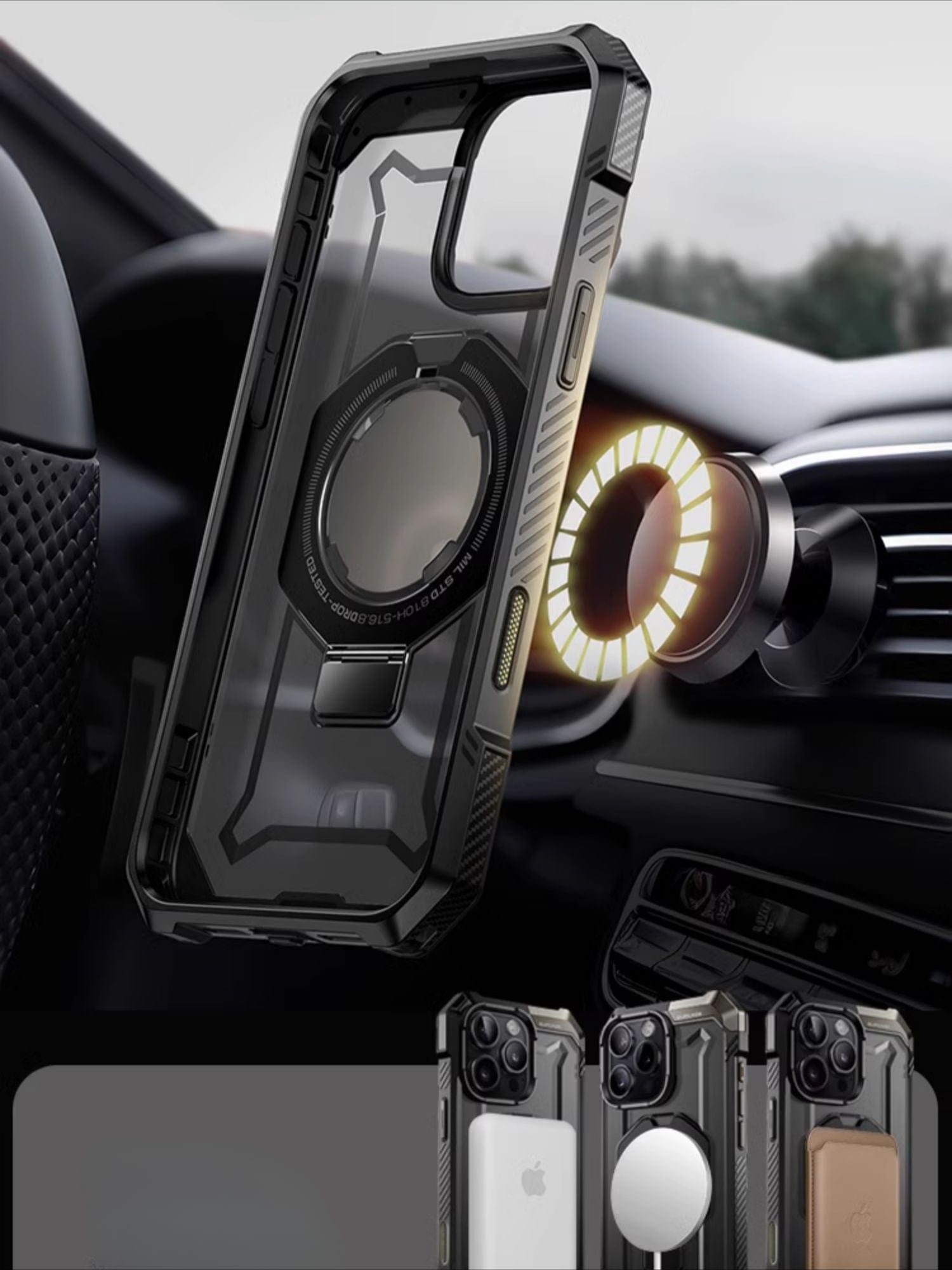 The iPhone 16 Pro Max Armor Case with its exclusive camera control button is held near an illuminated N52+ Strong Magnetic Adsorption car mount inside a vehicle, showcasing various compatible phone models below.