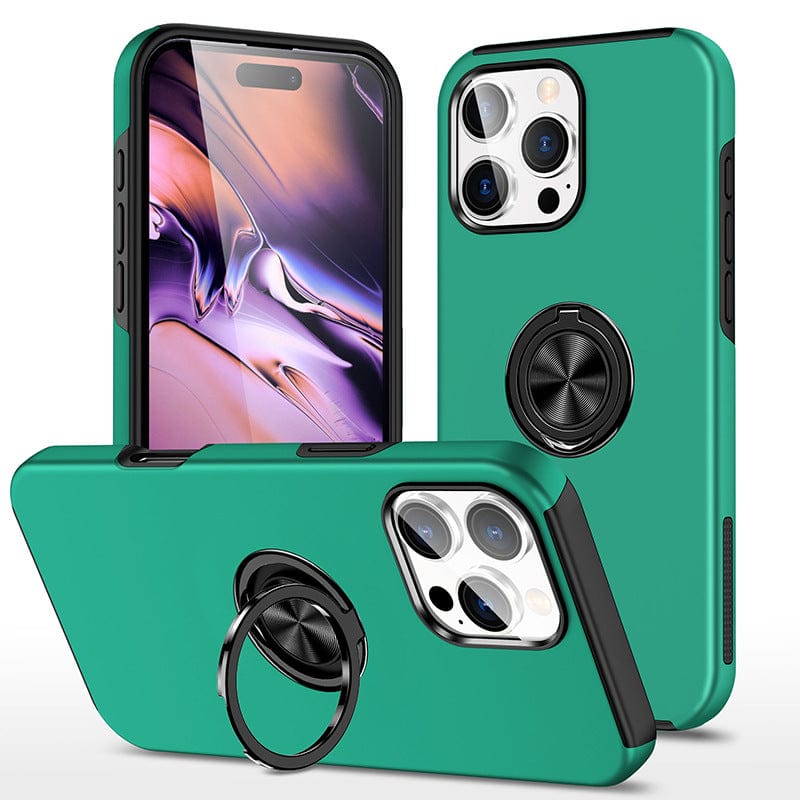 The iPhone 16 Pro Max Case with 360° Rotating Ring Stand, featuring dual-layer shockproof protection and complete camera coverage in a green hue with black accents, is displayed on both an upright phone and an angled phone, showcasing front and back views.
