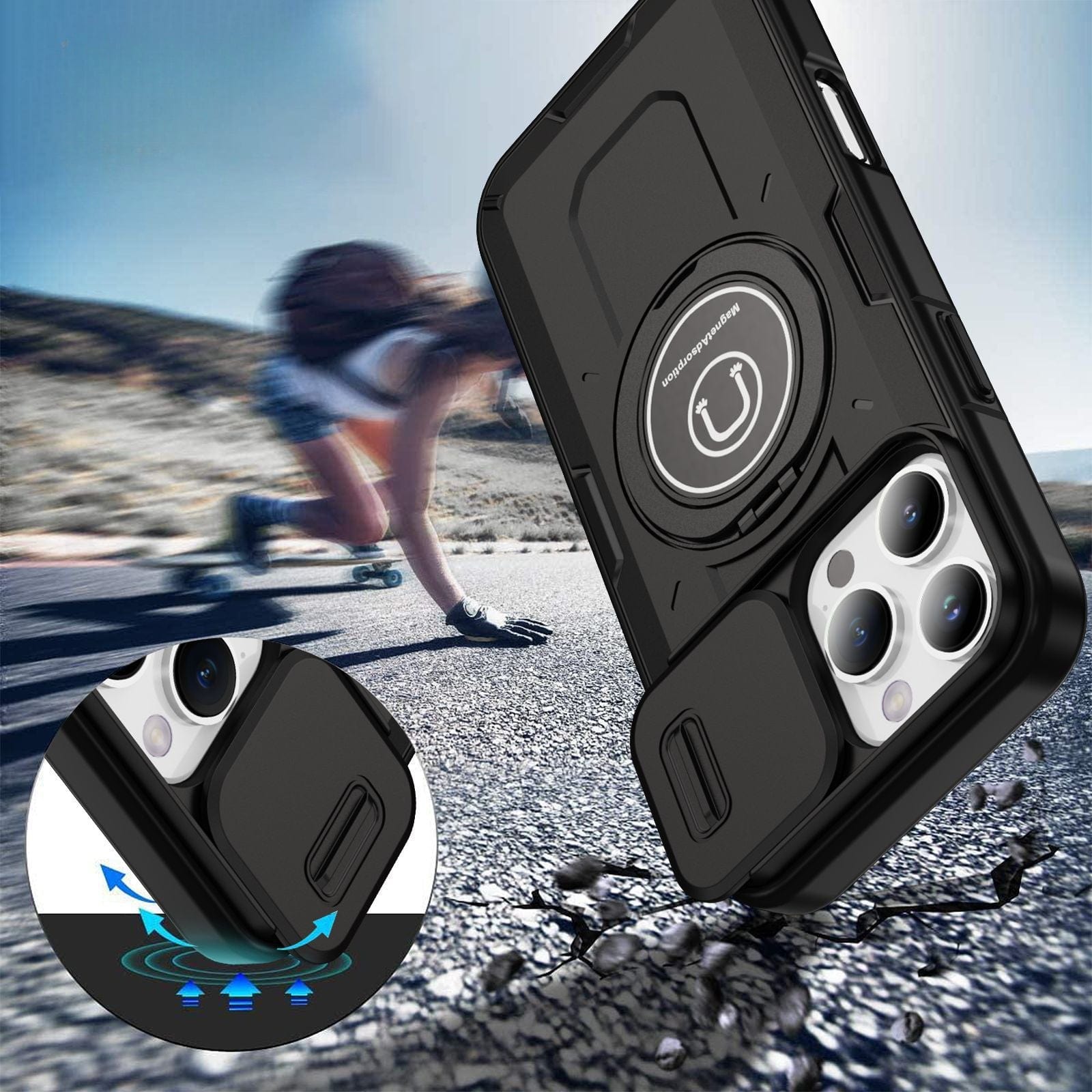 The iPhone 16 Pro Max Rugged Magnetic Case with a sliding camera cover is displayed. The background depicts a person on a skateboard, highlighting the product's active lifestyle appeal. An inset focuses on the sliding mechanism of the case cover, ensuring drop protection for your device.