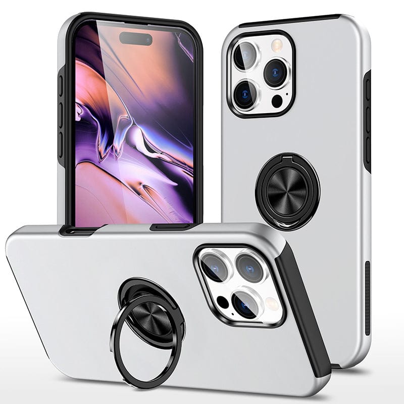 Three iPhone 16 Pro Max cases with a 360° rotating ring stand in silver and black are shown. Two cases are upright, while one lies down, each offering shockproof dual-layer protection. All feature circular kickstands and full protection for the triple-camera setup.