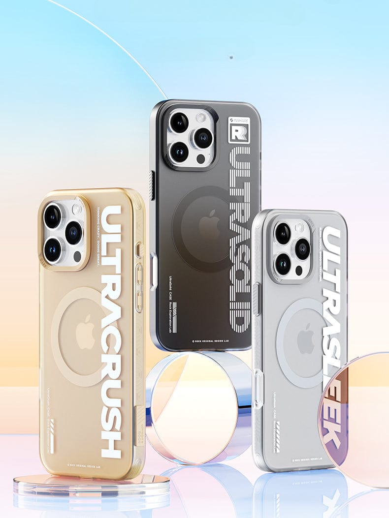 Three iPhone 16 Pro Max smartphones in transparent UltraSleek Clear Cases, featuring magnetic wireless charging and shockproof 5-layer protection, are displayed upright on a reflective surface against a gradient background of pastel blue and cream tones.
