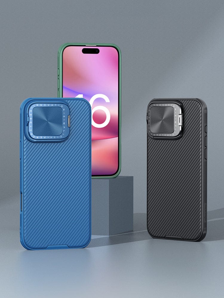 Three smartphones with cases are displayed. One phone stands vertically in a green case, showing its screen with a colorful wallpaper. Two phones lie flat in Shockproof Slim Fit iPhone 16 Pro Max cases—one blue and one black—both featuring dual-layer protection, camera covers, and anti-slip grip for added security.
