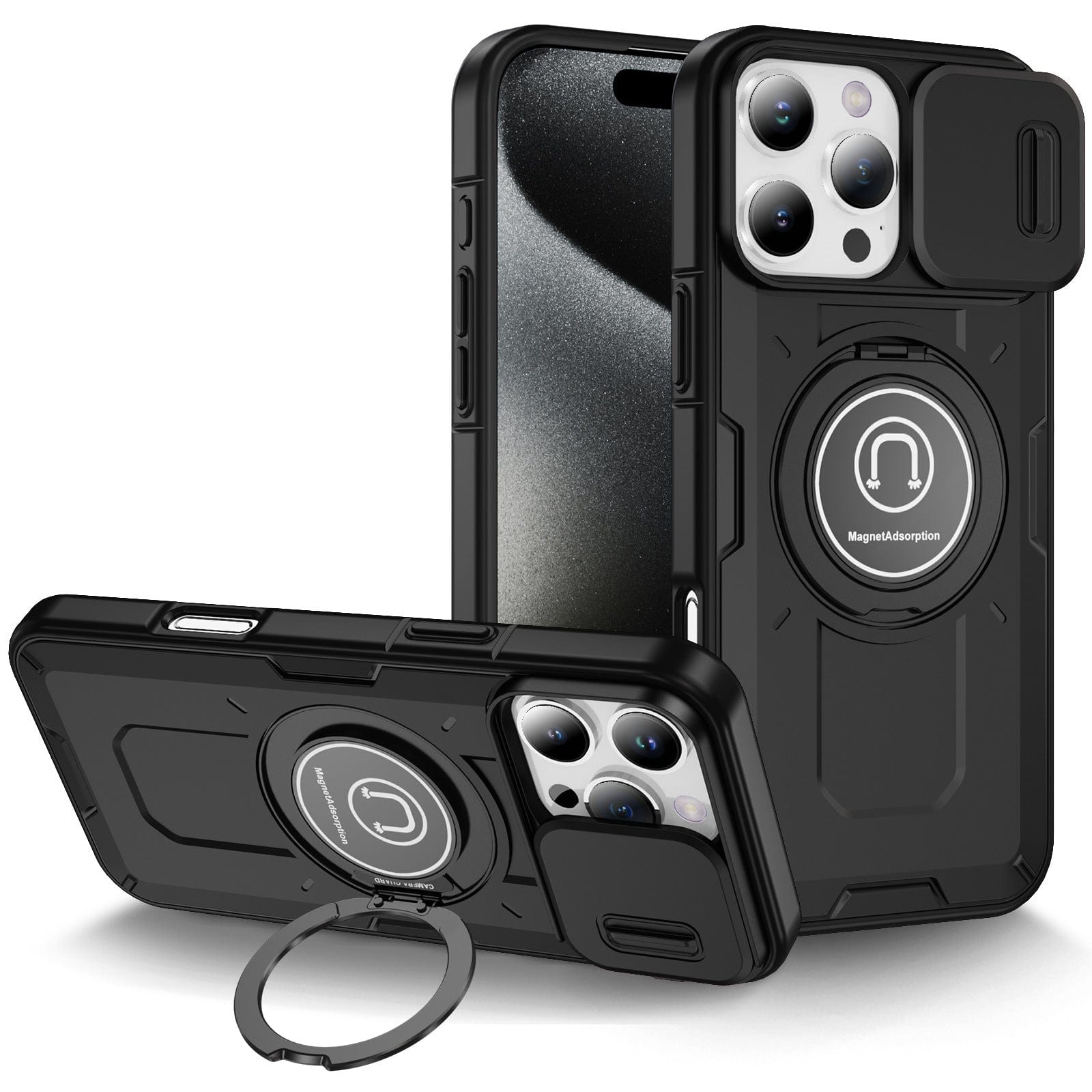 Two black **iPhone 16 Pro Max Rugged Magnetic Cases** are shown. One case includes a ring stand, and both feature a circular magnetic absorption pad, drop protection, and a sliding camera cover.