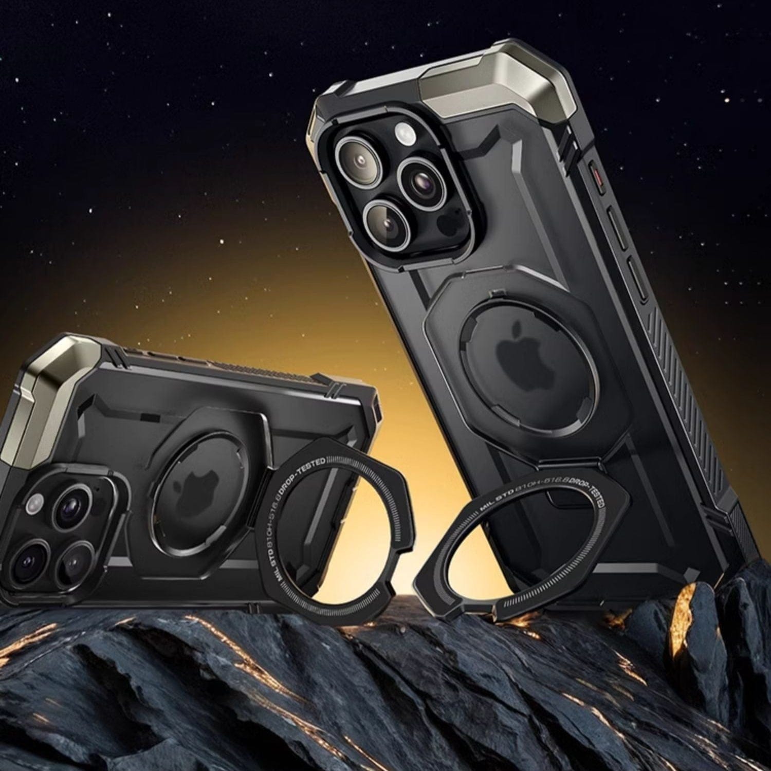 Two iPhone 16 Pro Max Armor Cases with lens attachments are displayed on a rocky surface against a night sky backdrop. Each case features an exclusive Camera Control Button, a camera cutout, and a protective design offering military-grade drop protection for peace of mind. The cases also include N52+ Strong Magnetic Adsorption for added security.