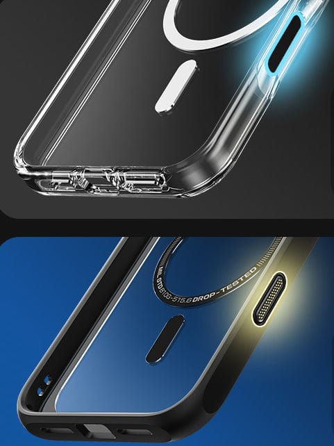 Two iPhone 16 Pro Max Magnetic Ring Stand Cases are shown, one transparent with rounded edges and another with a blue backing and black edges. Both cases feature camera cutouts, protective bumps at the corners, an Air Cushion Shockproof Design for enhanced durability, and a Camera Control Button.