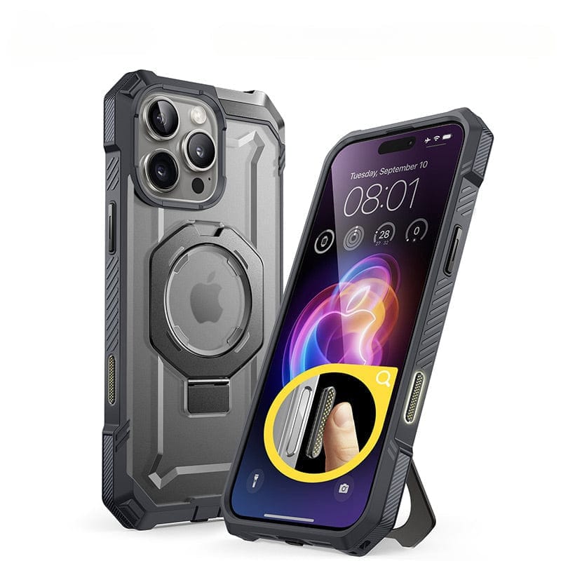 Two iPhone 16 Pro Max phones in rugged grey Armor Cases with Military-Grade Drop Protection; one phone is shown front-facing with the screen on, displaying time and date, and the other is back-facing, revealing the Apple logo. A finger stand is magnified in a circle. Enhanced with N52+ Strong Magnetic Adsorption for secure attachment.