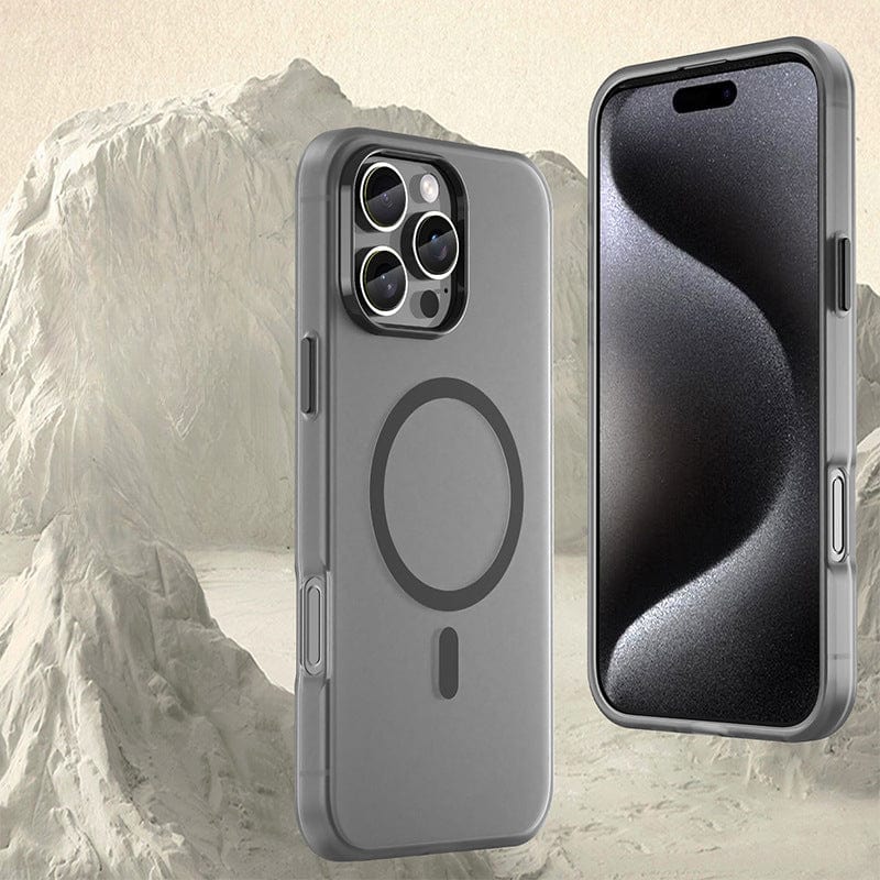 Two smartphones are displayed against a backdrop of white textured terrain. The phone on the left, showcasing an iPhone 16 Pro Max Frosted Semi-Transparent MagSafe Case | Anti-Fingerprint | Shockproof Protection, highlights its circular design. Meanwhile, the phone on the right displays a minimalist, wavy screen for full body protection elegance.