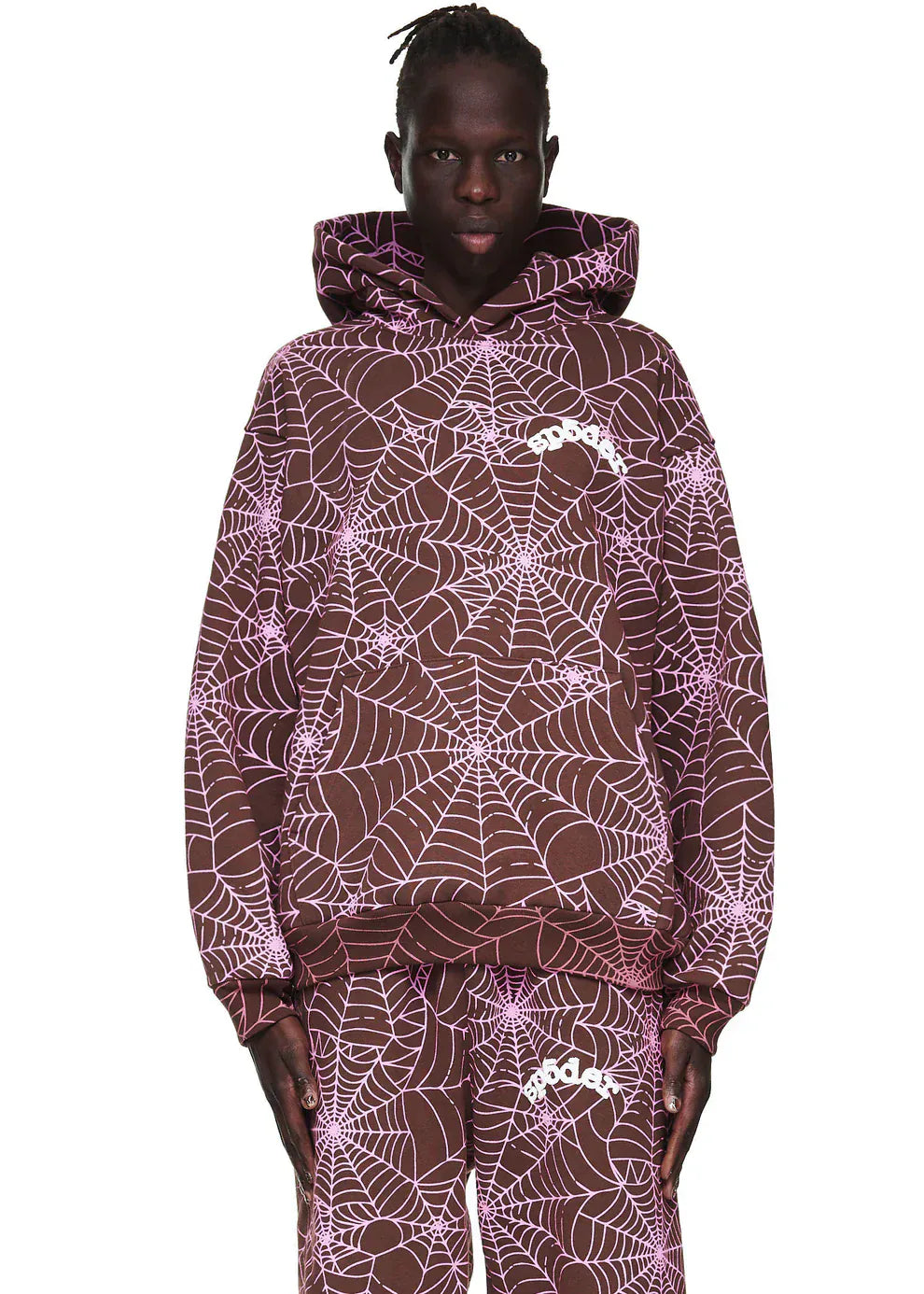Brown All-Over Spider Web Graphic Hoodie – Comfort Fit Pullover Hoodie