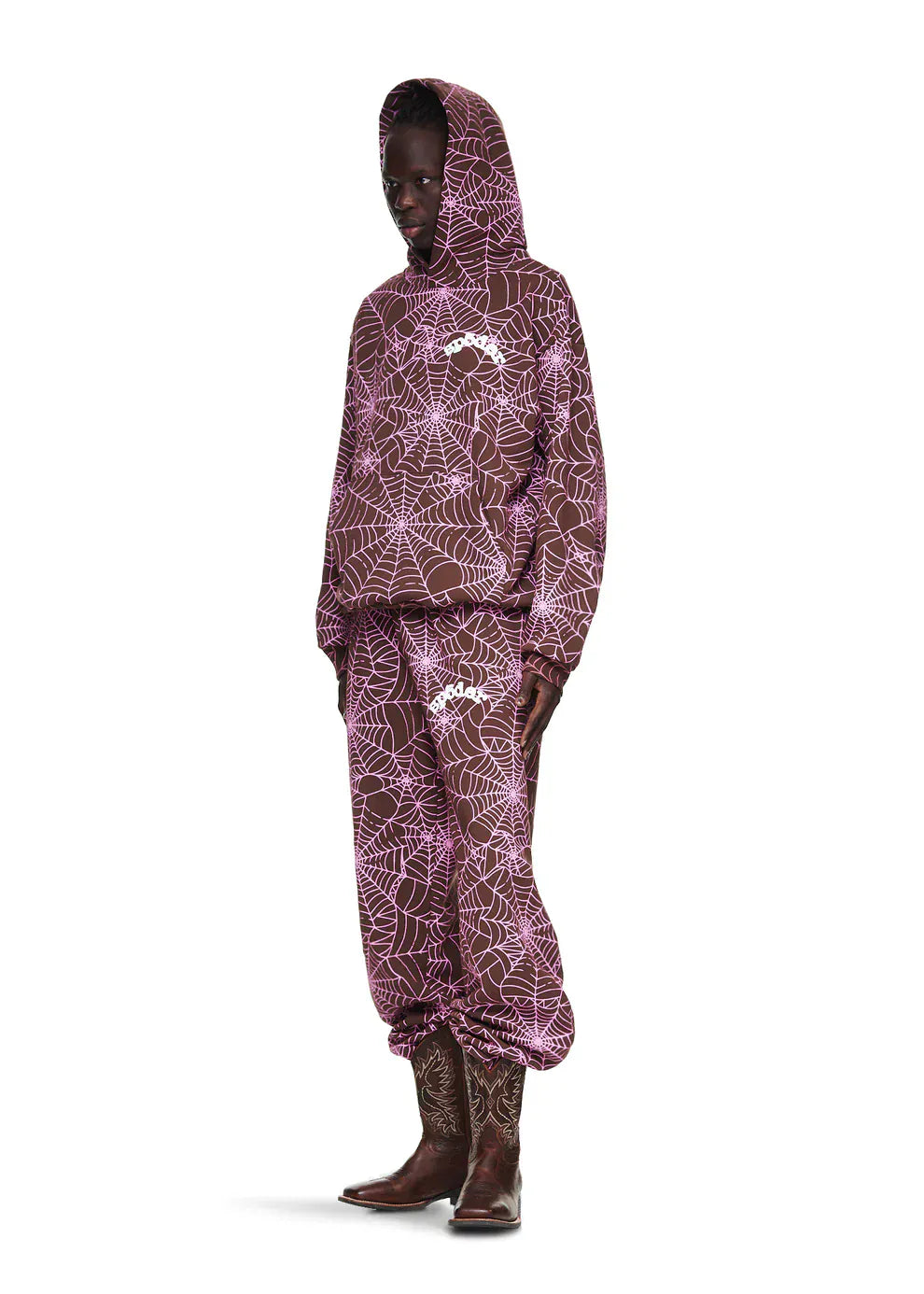 Brown All-Over Spider Web Graphic Hoodie – Comfort Fit Pullover Hoodie