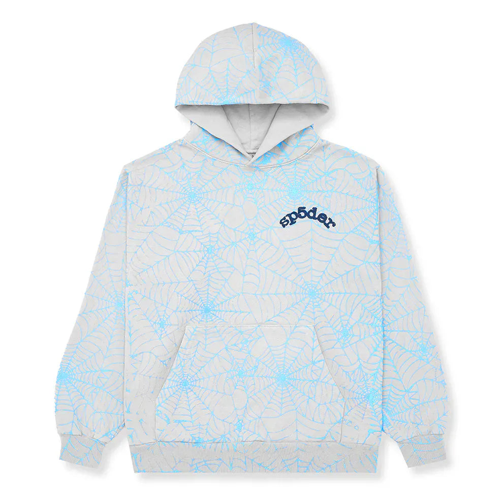 Light Grey All-Over Spider Web Graphic Hoodie – Comfort Fit Pullover Hoodie