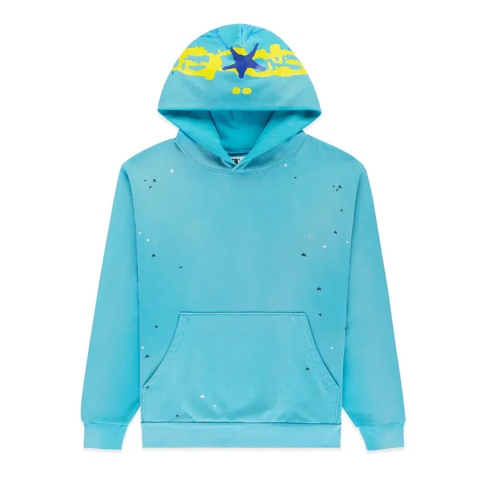 Turquoise Graphic Hoodie with Star Detail and Spider Web Back Print – Comfort Fit Pullover Hoodie