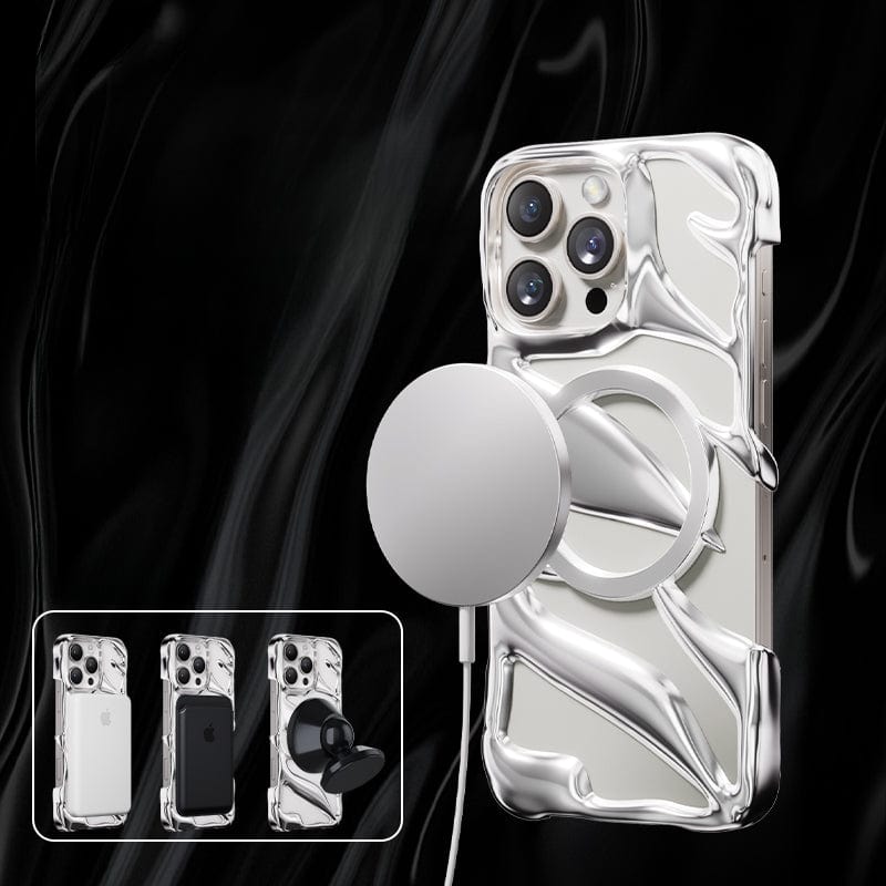 The iPhone 16 Pro Max Liquid Metal Shockproof Case showcases a sleek silver finish with a wavy pattern and features an integrated circular stand. Three inset images demonstrate the stand's adaptability and emphasize its military-grade drop protection, offering robust durability while maintaining support for MagSafe charging for effortless power-ups.