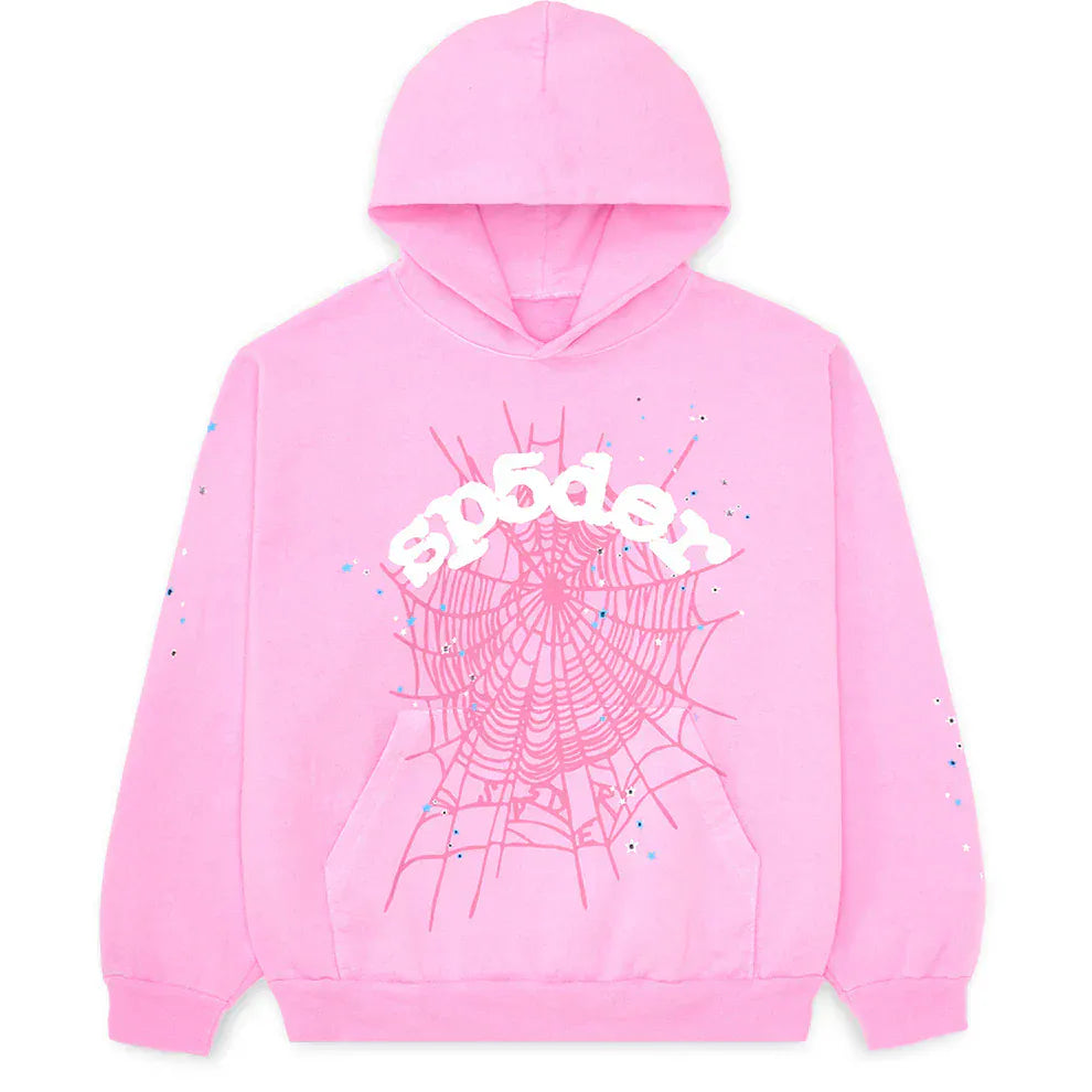 Pink Graphic Hoodie with Spider Web Print – Comfort Fit Pullover Hoodie