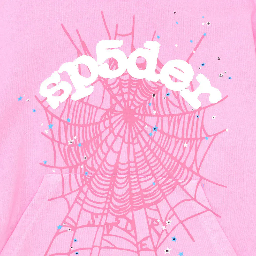 Pink Graphic Hoodie with Spider Web Print – Comfort Fit Pullover Hoodie