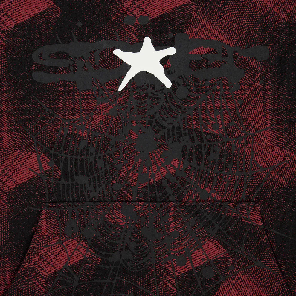 Red and Black Graphic Hoodie with Star Detail and Spider Web Print – Comfort Fit Pullover Hoodie