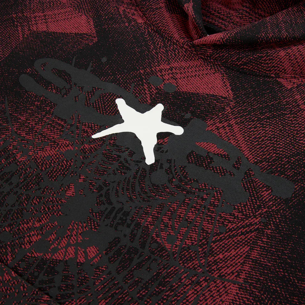 Red and Black Graphic Hoodie with Star Detail and Spider Web Print – Comfort Fit Pullover Hoodie