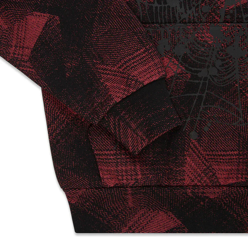 Red and Black Graphic Hoodie with Star Detail and Spider Web Print – Comfort Fit Pullover Hoodie